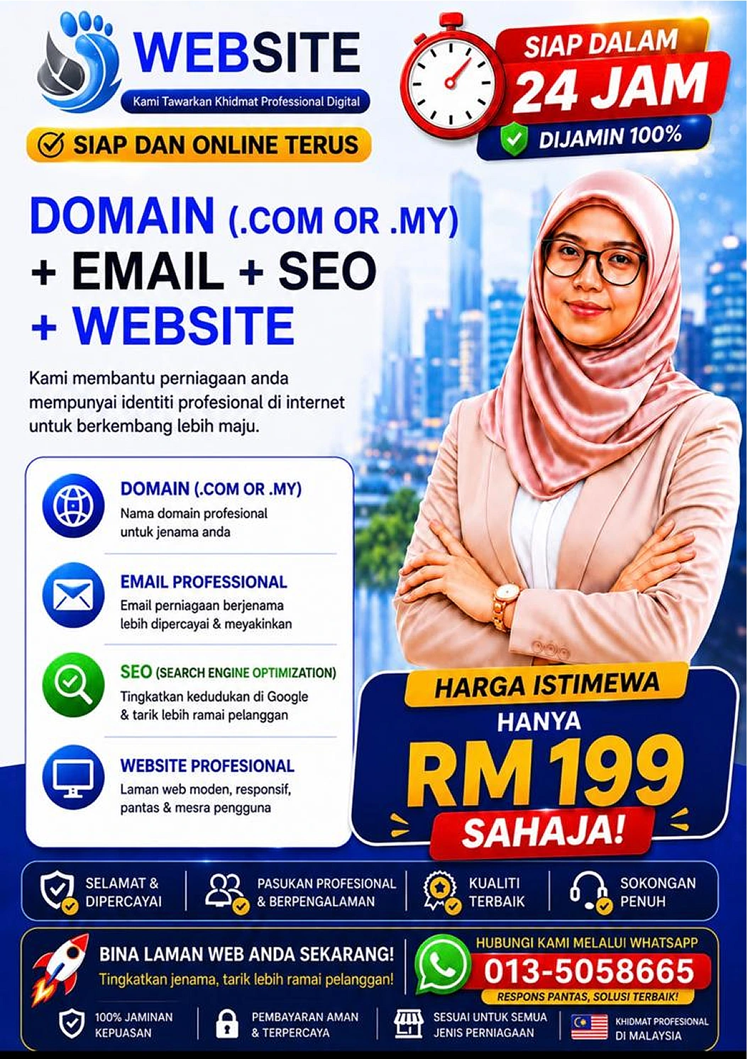 Website promotion ready in 24 hours with domain, hosting, SEO and WhatsApp integration for RM199